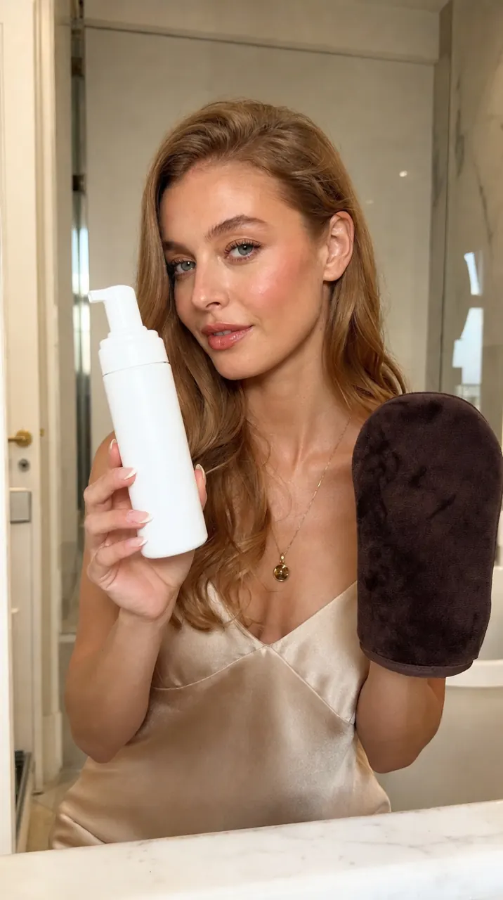 Elodie, AI presenter, holding a self-tan mousse and mitt